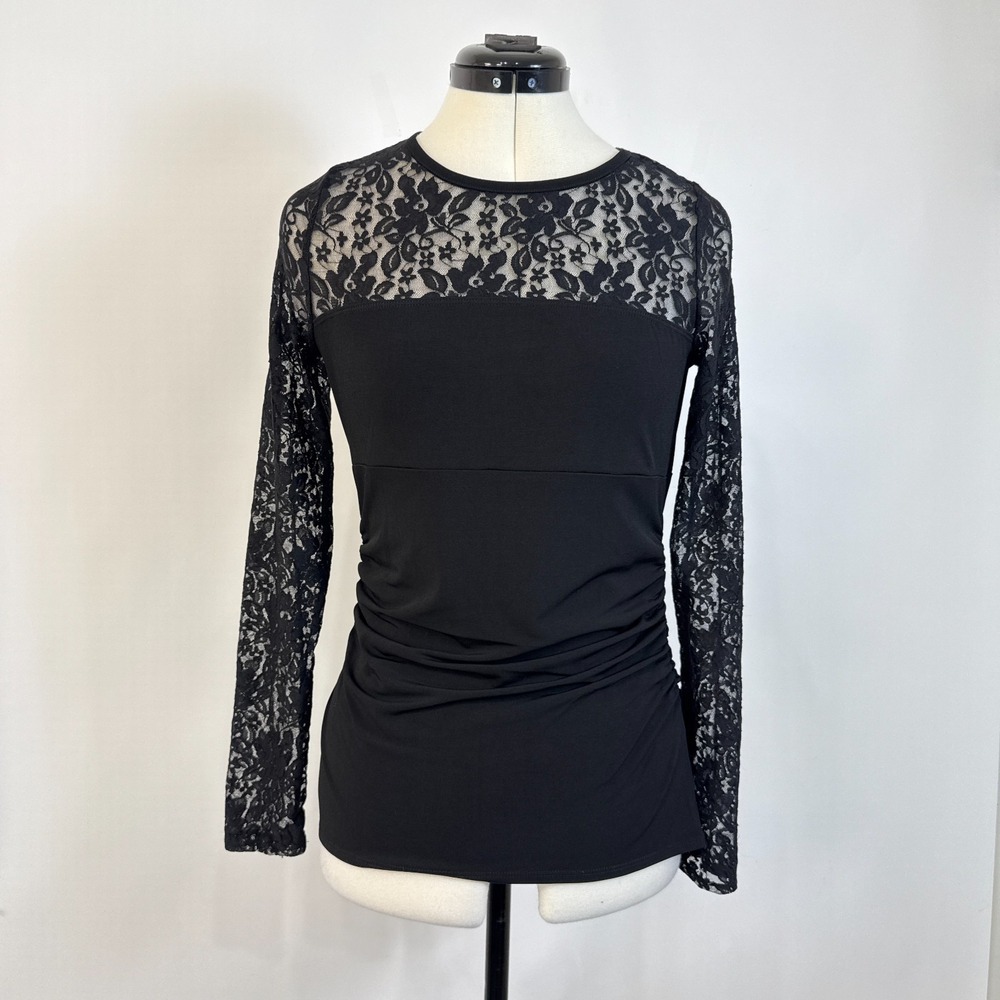 Laundry by Shelli Segal Lace Ruched Top Women S Black‎ Goth Chic
